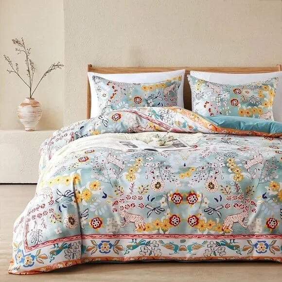 NEW Anthro Blue Jungle Multicolor Boho Queen / King Bedding Duvet & Sham Case - Picture 6 of 16